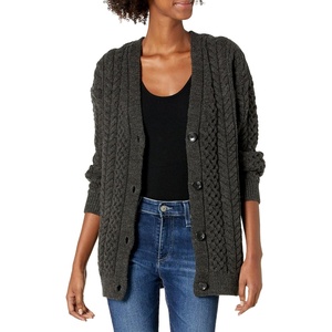 image:imageCable Stitch Womens Boyfriend Cable Cardigan  VNeck Button Front Long Sleeve Drop Shoulder Sweater CoverUp XSmall Charcoal