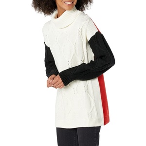 image:imageCable Stitch Womens Cable Turtleneck Sweater  Oversized Colorblock Contrast Long Sleeve Chunky Pullover Knit Top Medium CreamBlackPoppy