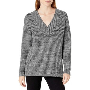 image:imageCable Stitch Womens Chunky Knit Marled VNeck Sweater  Long Sleeve Oversized Shaker Fisherman Stitch Cotton Pullover Top XLarge Marled Grey