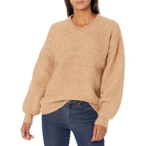 image:imageCable Stitch Womens Cozy Boucle VNeck Sweater  Long Balloon Sleeve Oversized Solid Color Pullover Knit Top Small Camel