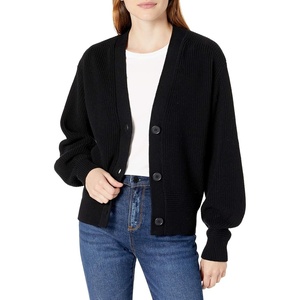 image:imageCable Stitch Womens Cropped Textured Cardigan  Button Front VNeck Shaker Fisherman Stitch Balloon Sleeve Oversized Sweater XLarge Black