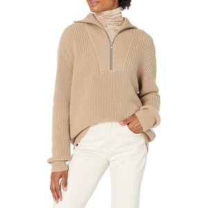 image:imageCable Stitch Womens Half Zip Cotton Pullover Sweater  Solid VNeck Collar Loose RibKnit Long Sleeve Top Large Camel