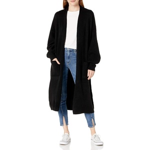 image:imageCable Stitch Womens Patch Pocket Long Maxi Cardigan  Open Front Long Blouson Sleeve Oversized Coatigan Sweater CoverUp XLarge Black