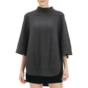 image:imageCable Stitch Womens RibCollar Tunic Sweater  Loose Fit Oversized Mock Neck 34 Sleeve Pullover Poncho Coverup Top LargeXLarge Charcoal