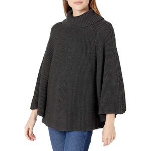 image:imageCable Stitch Womens Turtleneck Poncho Sweater  Loose Fit Oversized 34 Sleeve Tunic Pullover Coverup Top SmallMedium Charcoal