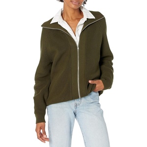 image:imageCable Stitch Womens Zipup Sweater Cardigan Jacket  Turtleneck RibKnit Raglan Long Sleeve Cotton Coatigan Medium Olive
