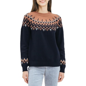 image:imageCable Stitch Womens Fair Isle Sweater  Classic Vintage Jacquard Long Sleeve Crewneck Pullover Top Midnight Medium