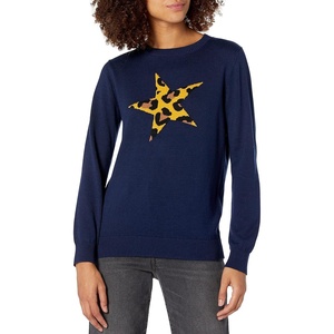 image:imageCable Stitch Womens Graphic Front Crewneck Sweater  Striped Heart Leopard Star Intarsia Print Long Sleeve Lightweight Pullover Knit Top Medium StarNavy