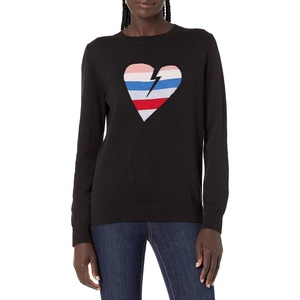 image:imageCable Stitch Womens Graphic Front Crewneck Sweater  Striped Heart Leopard Star Intarsia Print Long Sleeve Lightweight Pullover Knit Top Small HeartBlack