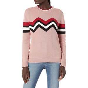 image:imageCable Stitch Womens Zig Zag Chevron Crewneck Pullover Sweater  Long Sleeve Lightweight Striped Color Blocked Knit Top Medium Pink