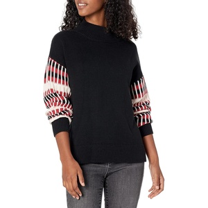 image:imageCable Stitch Womens Dropped Shoulder Contrast Sleeve Sweater  Mock Neck Long Sleeve Loose Fit Pullover Top Large Black