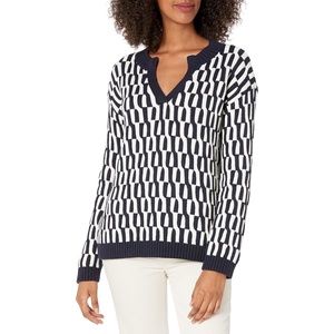 image:imageCable Stitch Womens Geometric Jacquard Pattern Sweater  VNeck Long Sleeve Novelty Pullover Top XLarge NavyWhite