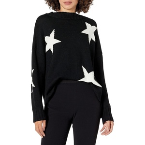 image:imageCable Stitch Womens Intarsia Sweater  Star Lightning Bolt Heart Graphics Long Sleeve Crewneck Pullover Top BlackWhite Star XLarge