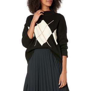 image:imageCable Stitch Womens Oversized Argyle Intarsia Sweater  Mock Neck Long Sleeve Drop Shoulder Pullover Knit Top Small Black