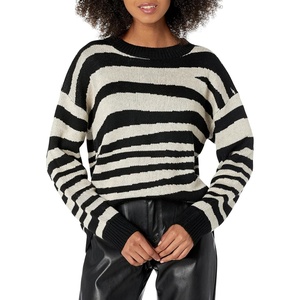 image:imageCable Stitch Womens Zebra Print Jacquard Sweater  Crewneck Long Sleeve Drop Shoulder Soft Boxy Pattern Pullover Top Medium BlackTaupe