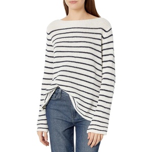 image:imageCable Stitch Womens Boat Neck Striped Sweater  Long Sleeve Lightweight Textured Soft Pullover Top XSmall Winter WhiteNavy