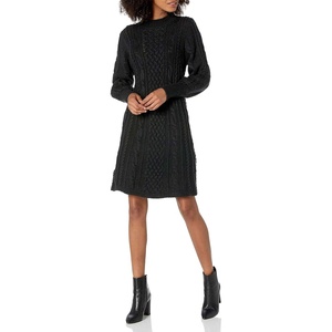 image:imageCable Stitch Womens Cable Knit Dress  Crewneck Long Sleeve Chunky ALine Flare Sweater Dress Medium Black