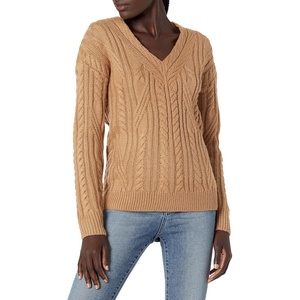 image:imageCable Stitch Womens Cable Knit VNeck Pullover Sweater  Long Sleeve Loose Fit Top Medium Camel