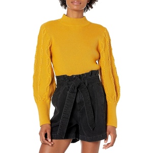 image:imageCable Stitch Womens Cable Sleeve Ribbed Sweater  Mock Neck Long Blouson Lantern Sleeve Pullover Top Medium Marigold