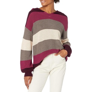 image:imageCable Stitch Womens Colorblock Pullover Hoodie Sweater  Striped Drop Shoulder Long Sleeve RibKnit Hooded Top Medium MultiWine