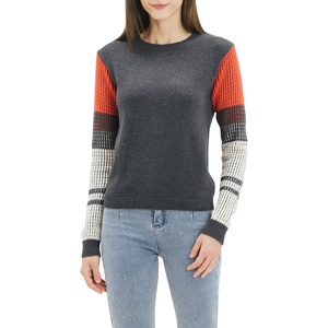 image:imageCable Stitch Womens ContrastSleeve Cotton Sweater  Crewneck Long Sleeve Knitted Pullover Top Small Charcoal