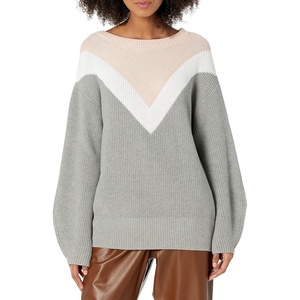 image:imageCable Stitch Womens Geometric Colorblock Sweater  Crewneck Long Sleeve Oversized Drop Shoulder Chevron Pattern Pullover Top Small MultiGrey