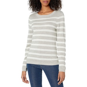 image:imageCable Stitch Womens Lightweight Pointelle Striped Sweater  Crewneck Long Sleeve Soft Pullover Top Medium Heather GreyWhite