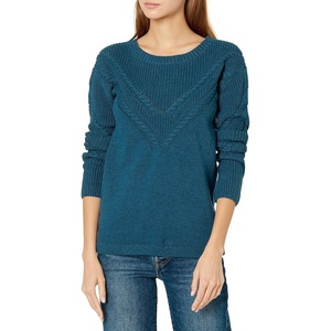 image:imageCable Stitch Womens Long Sleeve Chevron Cable Sweater  Crewneck Drop Shoulder Pointelle Cotton Solid Pullover Top Medium Aegean Blue