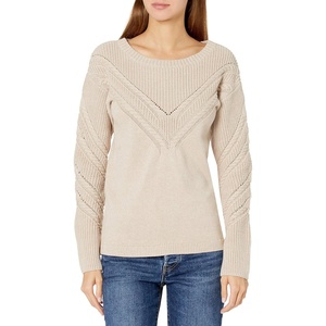 image:imageCable Stitch Womens Long Sleeve Chevron Cable Sweater  Crewneck Drop Shoulder Pointelle Cotton Solid Pullover Top Medium Taupe