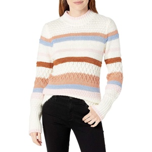 image:imageCable Stitch Womens Mixed Pointelle Stripe Sweater  Mock Neck Long Sleeve Colorblock Pullover Knit Top Medium MultiCream