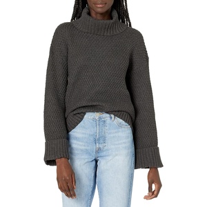 image:imageCable Stitch Womens Oversized RibCuffed Wide Sleeve Turtleneck Sweater  Long Sleeve Drop Shoulder Pullover Top Large Charcoal