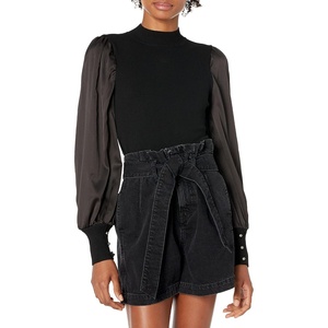 image:imageCable Stitch Womens SatinSleeve Sweater Top  Mock Neck Contrast Long Sleeve Pullover Top Large Black