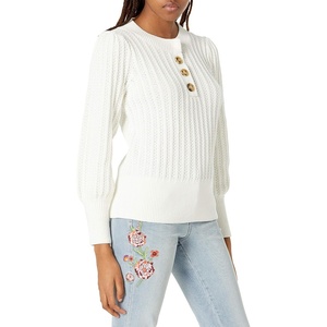 image:imageCable Stitch Womens Textured Henley Sweater  Crewneck Long Sleeve Pleated Shoulder Cotton Ribbed Pullover Top XSmall Ivory