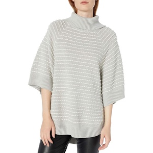 image:imageCable Stitch Womens Textured Turtleneck Tunic  Loose Fit Oversized 34 Sleeve Raglan Striped Pullover Poncho Coverup Top SmallMedium Heather Grey