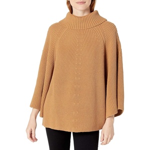 image:imageCable Stitch Womens Turtleneck Poncho Sweater  Loose Fit Oversized 34 Sleeve Tunic Pullover Coverup Top SmallMedium Camel